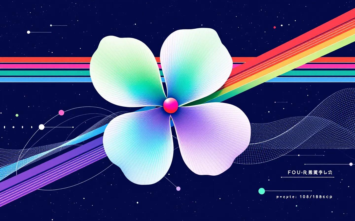 Abstract four-petal sakura bloom with each petal in one of the four KLOW constituent channel colors over a diagonal cool spectral ribbon on a twilight-indigo background