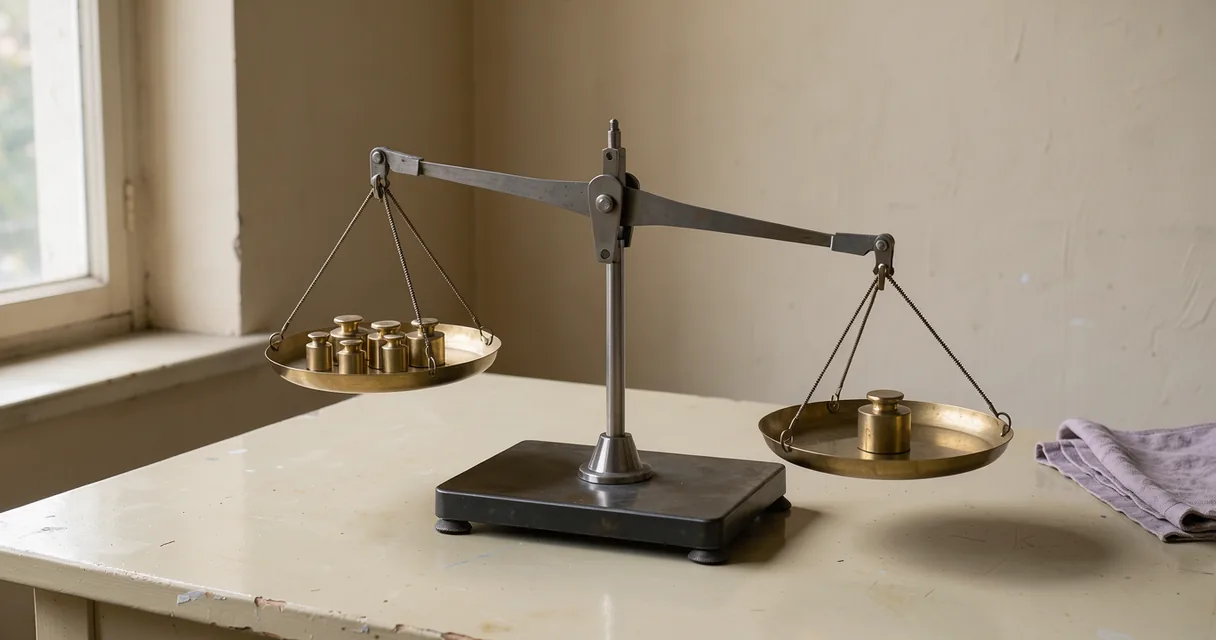 A mechanical two-pan laboratory balance with several small brass weights on one pan and a larger weight on the other